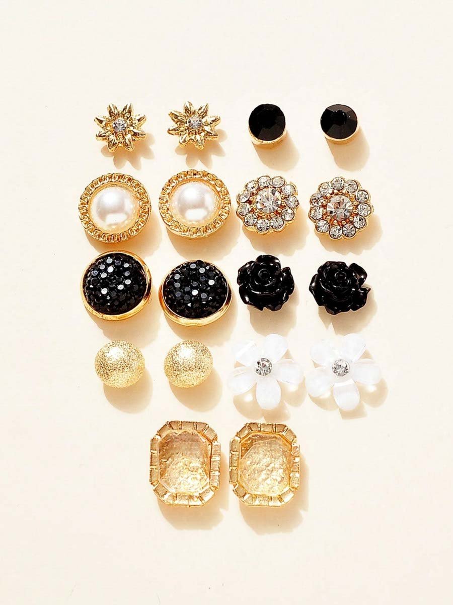 Multi-Color Stud Earrings Set with Rhinestones and Pearls - 9 Pairs