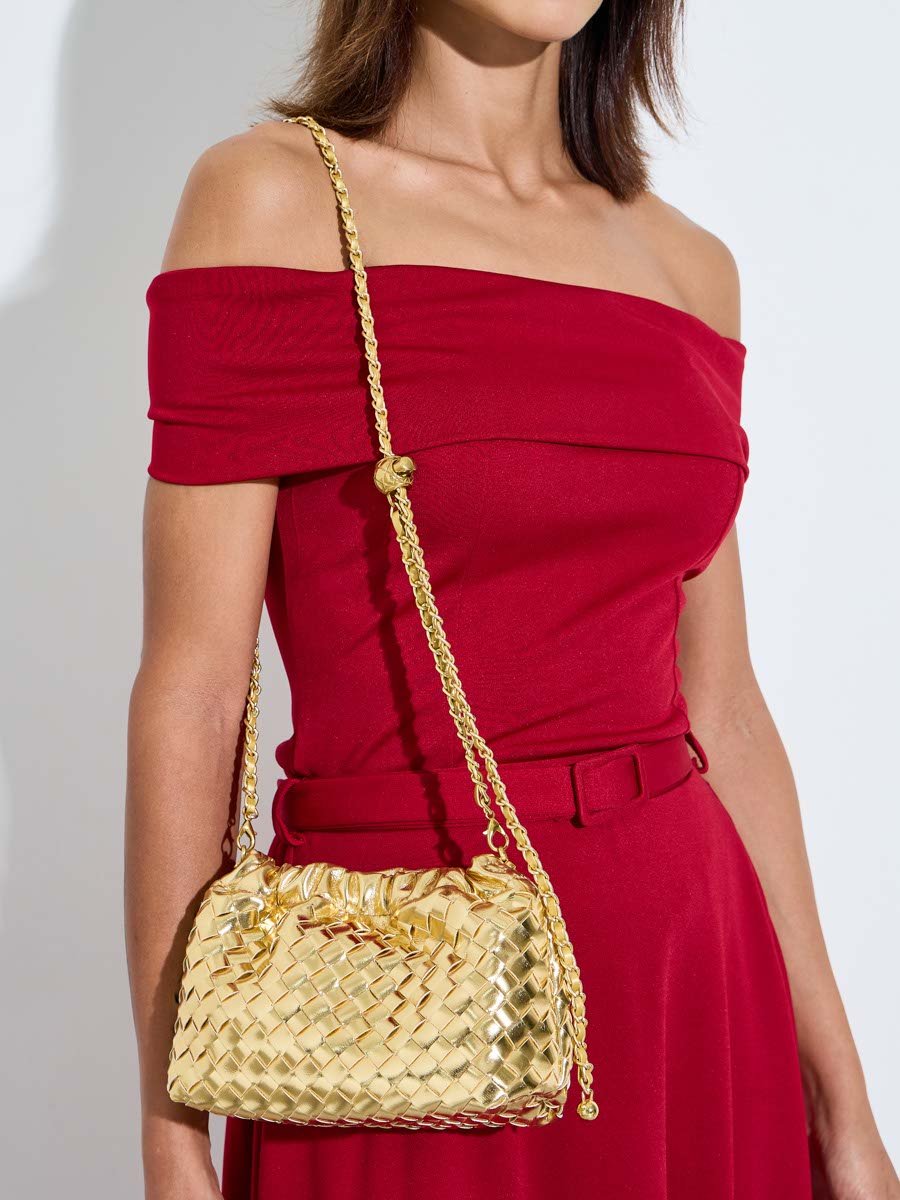 Gold Woven Chain Strap Hand Bag