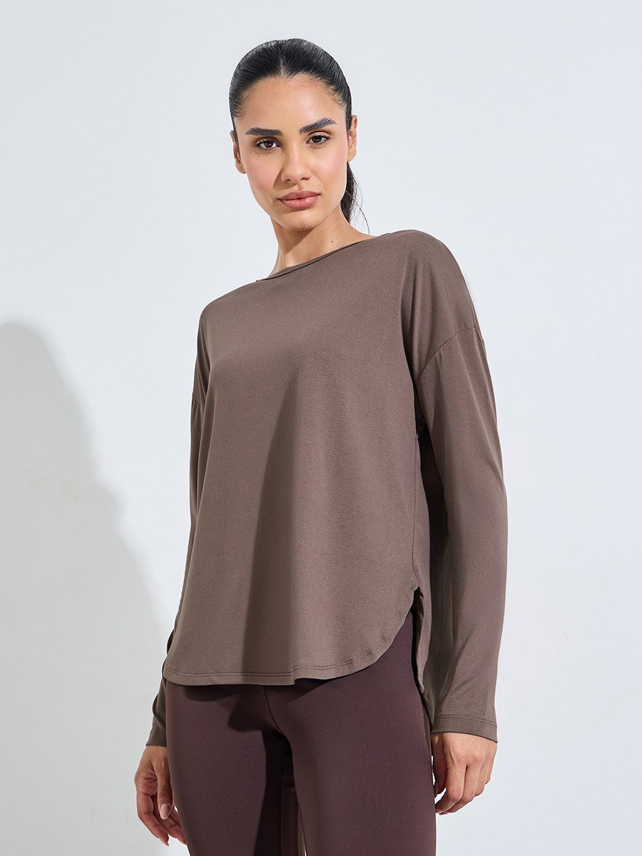 Brown Solid Long Sleeve Activewear Top with Side Slit