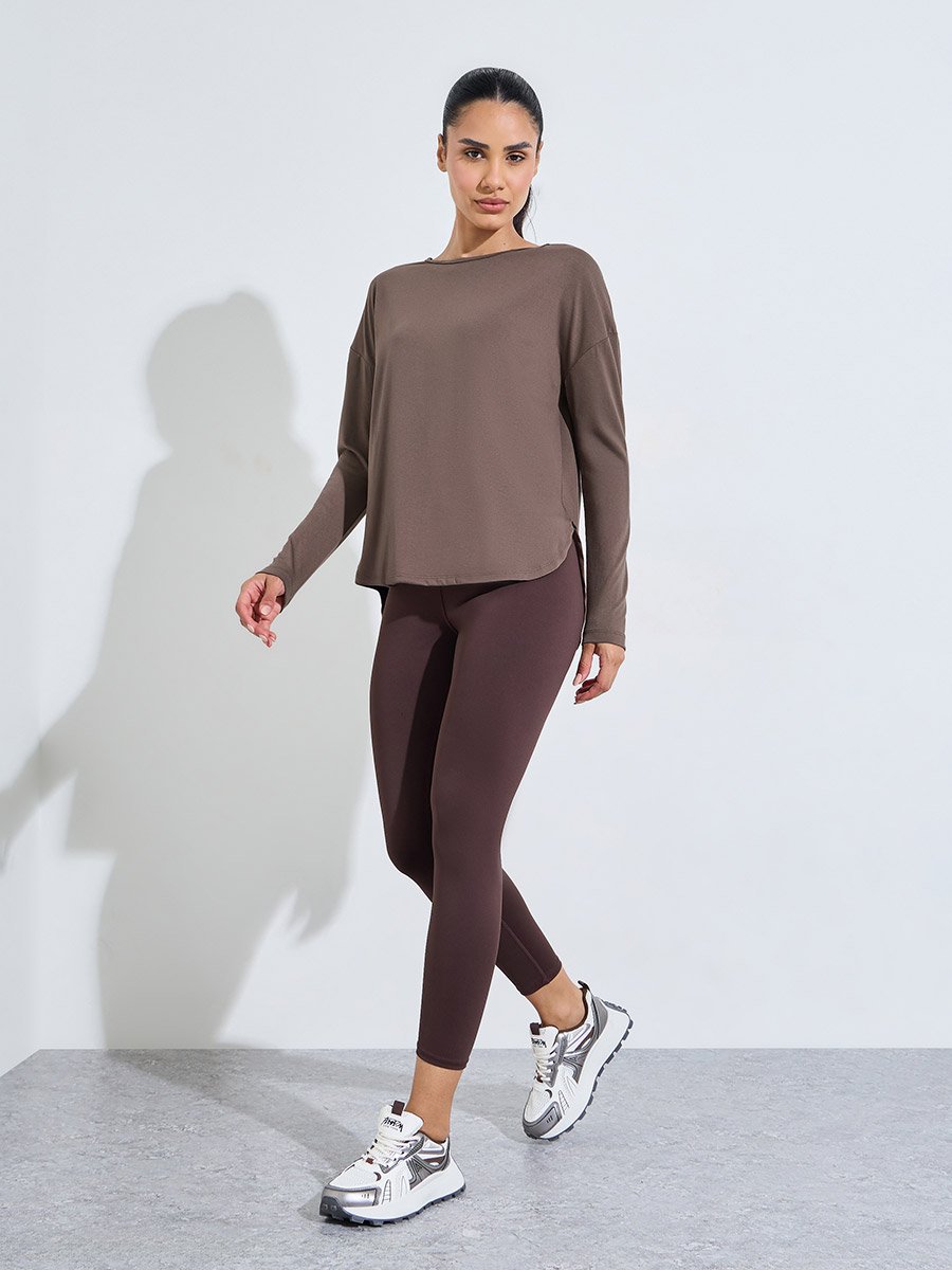 Brown Solid Long Sleeve Activewear Top with Side Slit