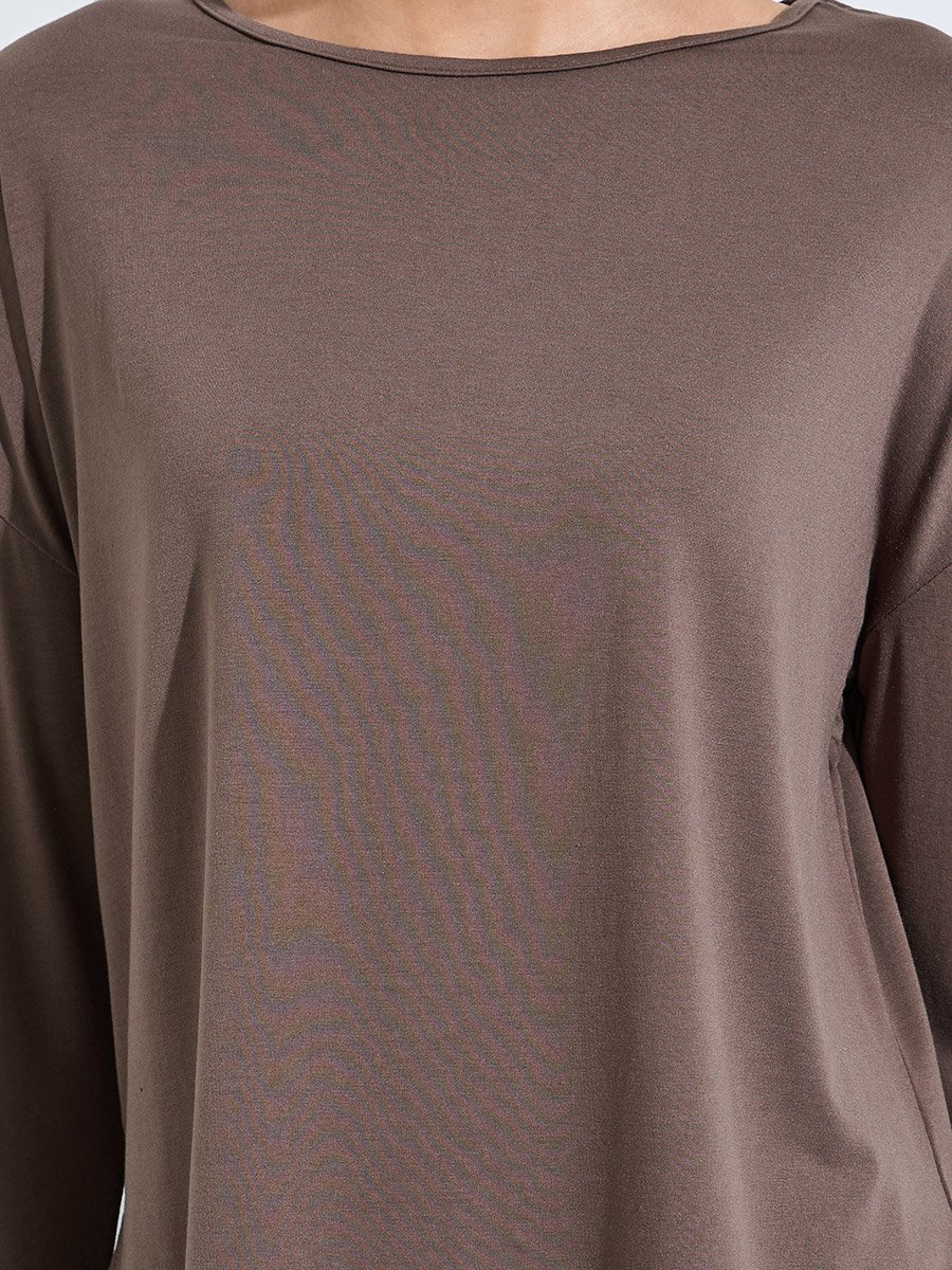 Brown Solid Long Sleeve Activewear Top with Side Slit
