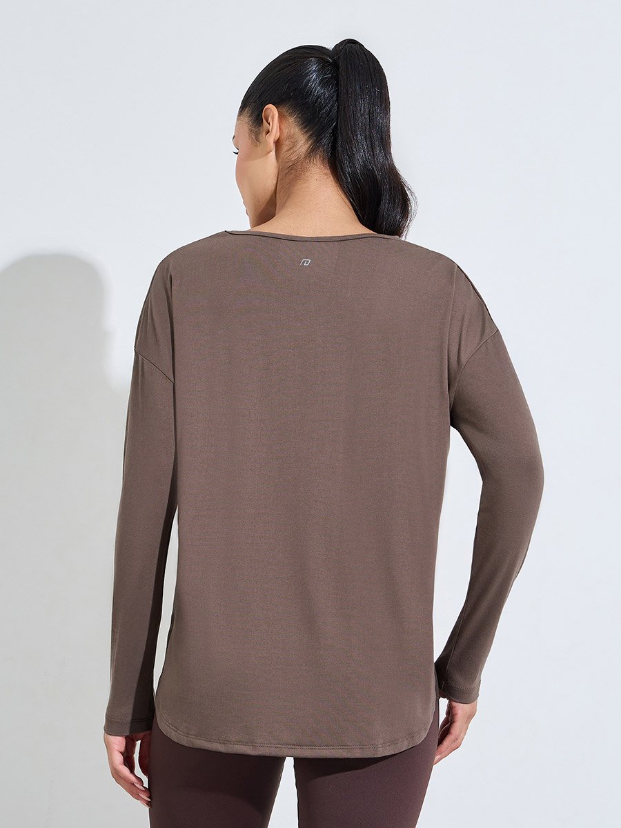 Brown Solid Long Sleeve Activewear Top with Side Slit
