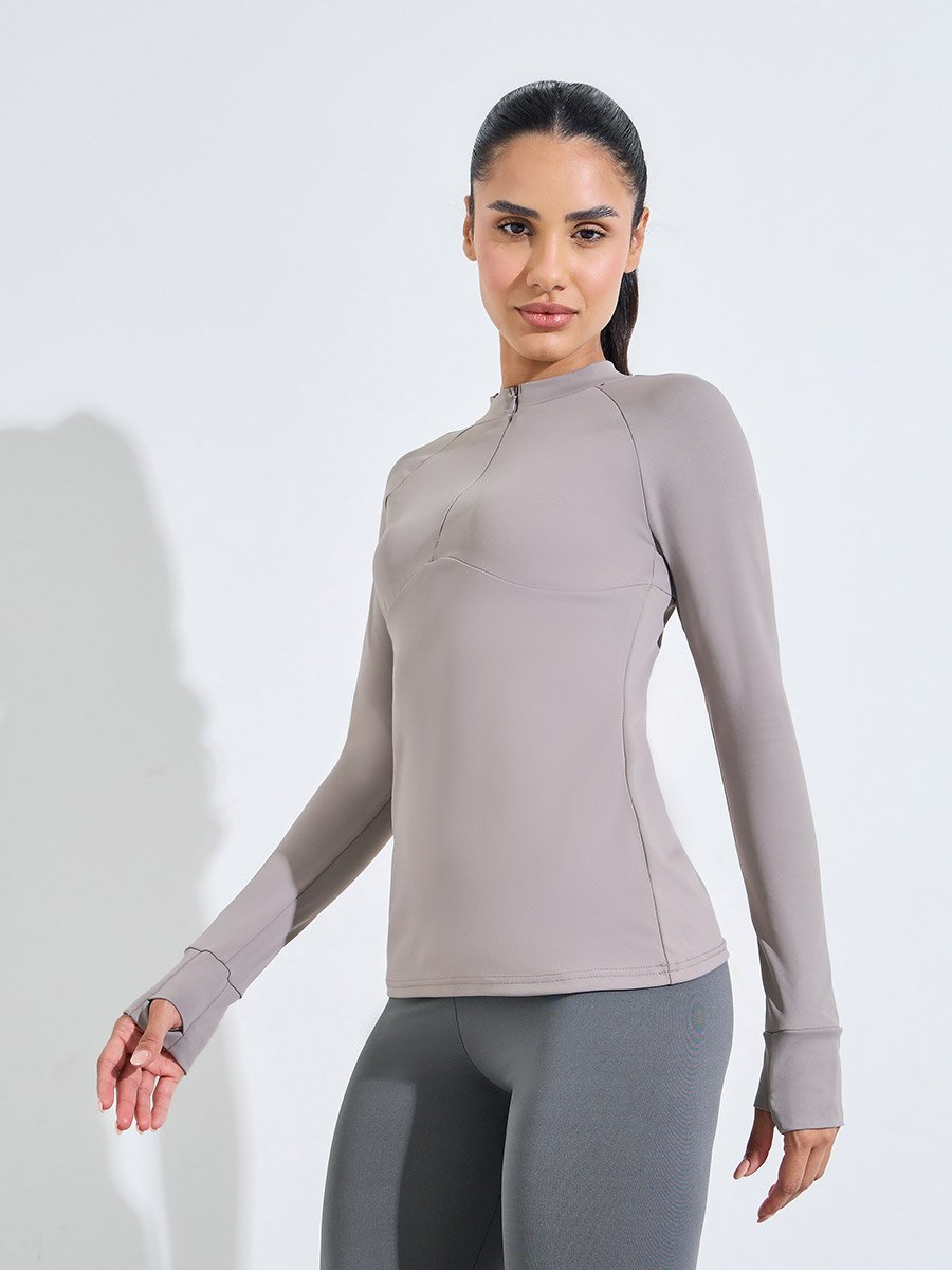 Beige Solid Activewear Quarter-Zip Top with Thumbholes