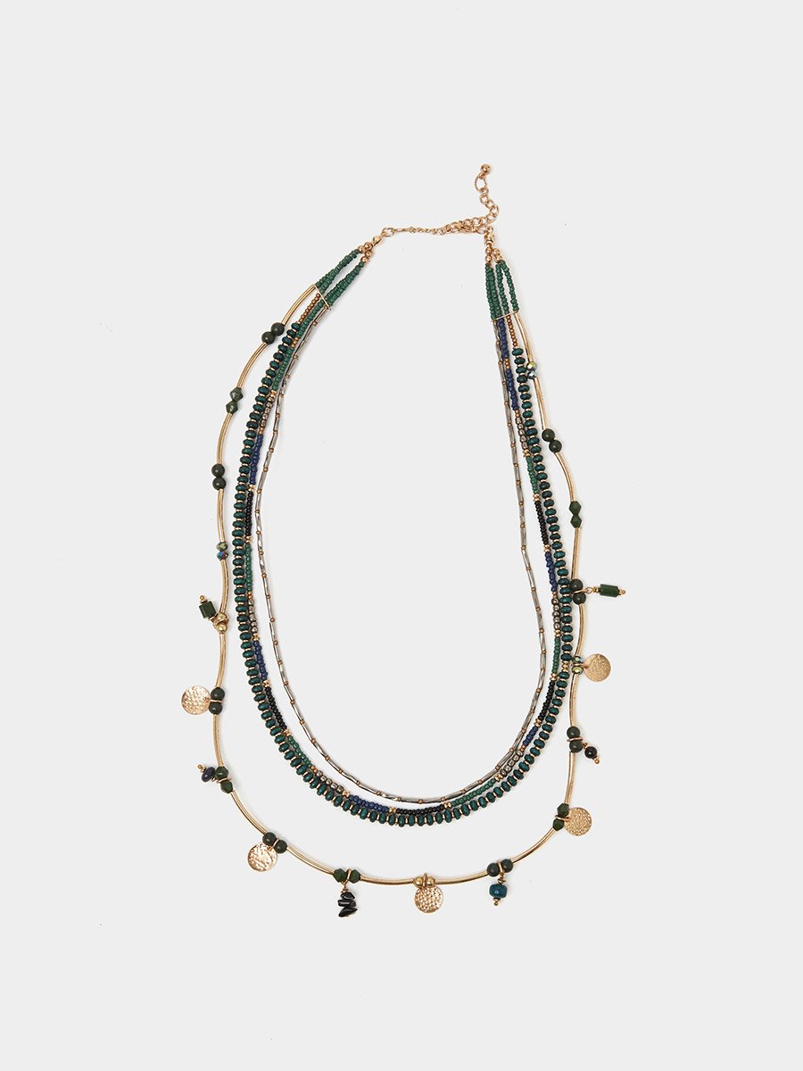 Multi-Strand Beaded Layered Necklace with Gold Tone Charms