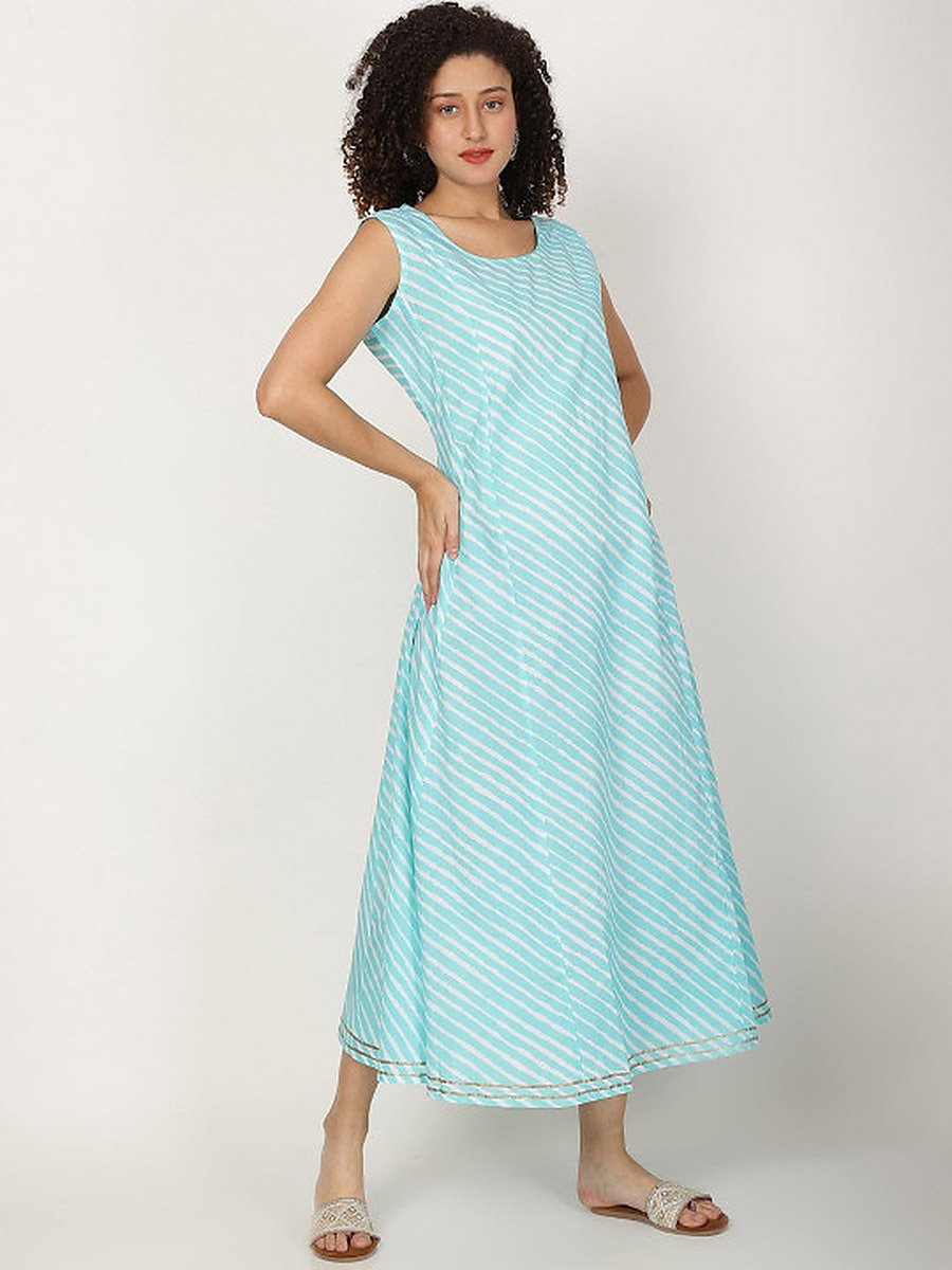 Striped Round Neck Sleeveless Cotton A-Line Kurta