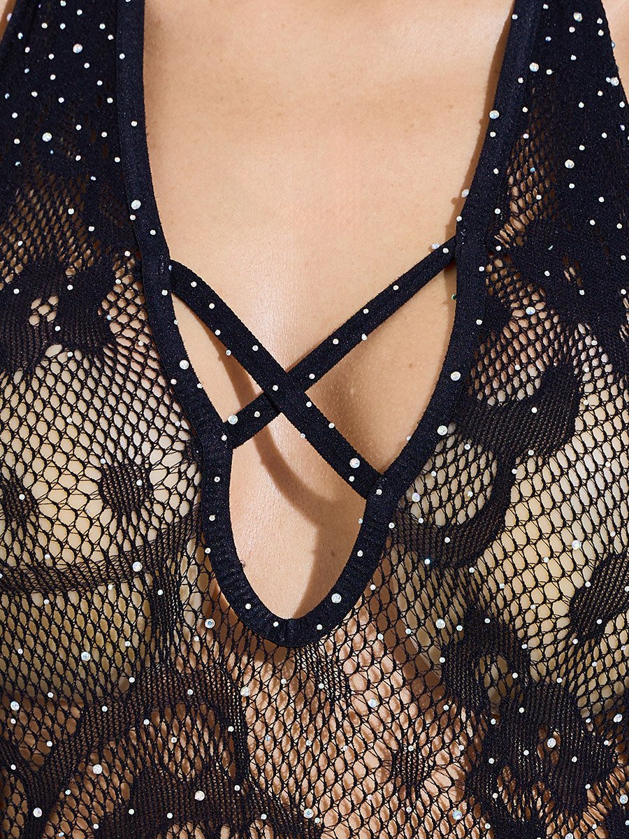 Black Rhinestone Floral Mesh Bodycon Slip with Criss-Cross Detail