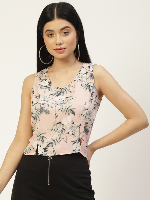 Pink and Grey Floral Print Crepe Crop Top