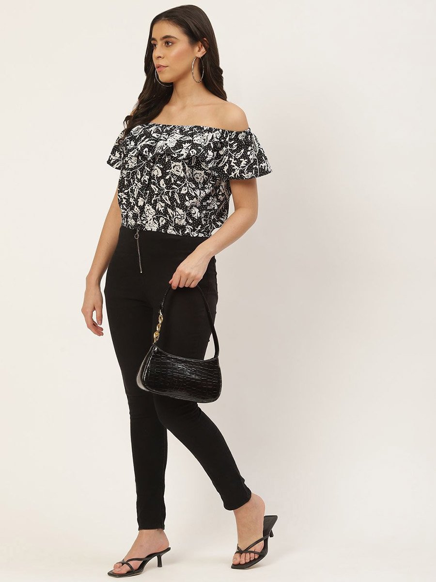 Floral Print Off-Shoulder Ruffles Crepe Bardot Top