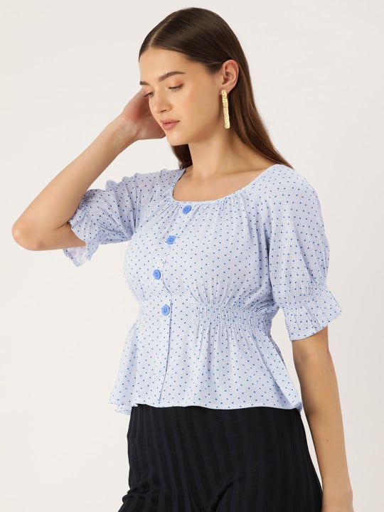 Polka Dots Print Puff Sleeves Peplum Top