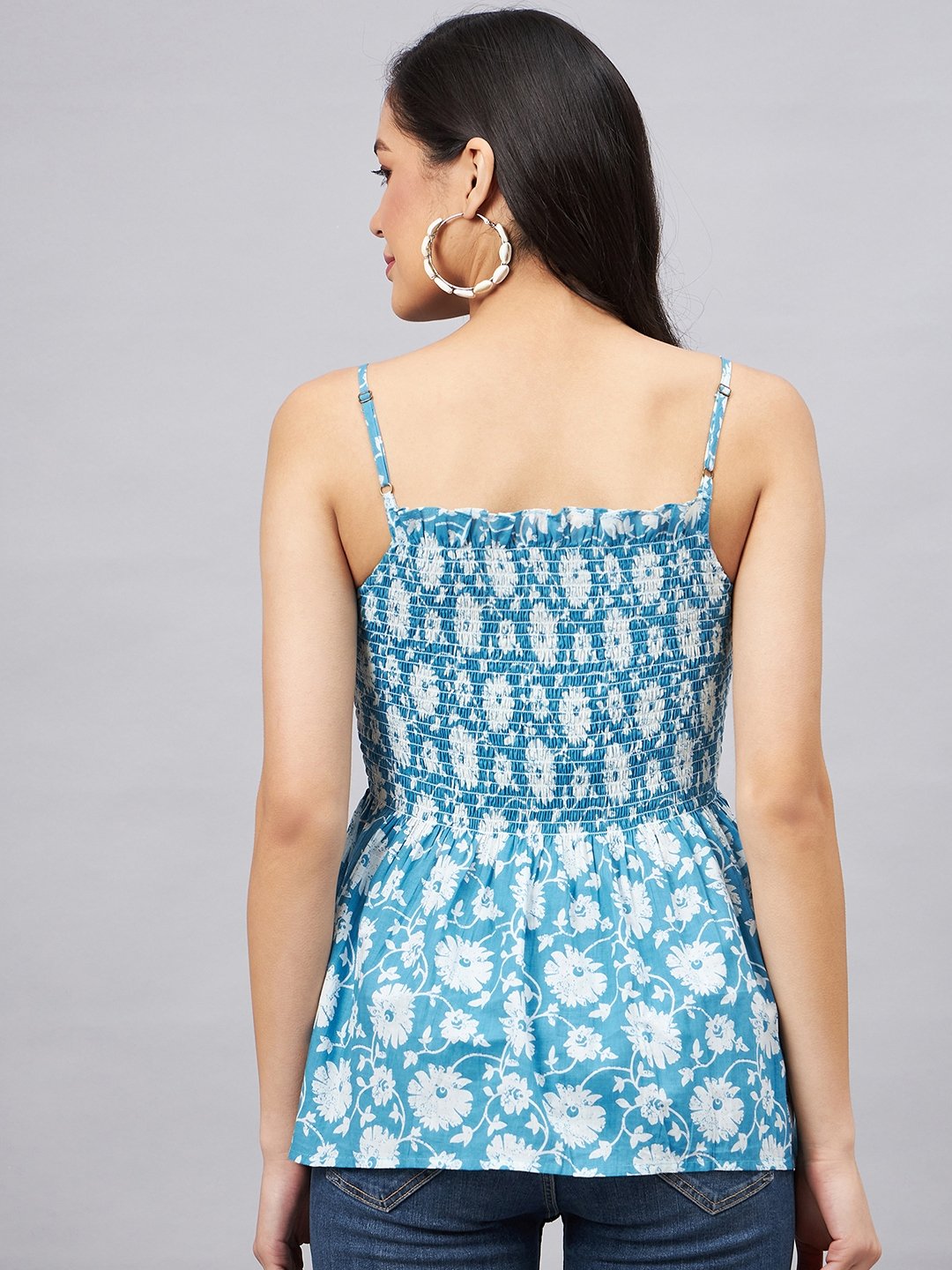 Blue Cotton Smocked Strappy Peplum Top