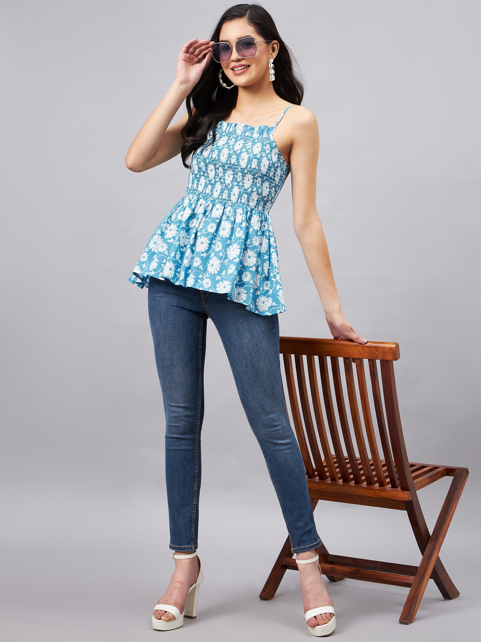 Blue Cotton Smocked Strappy Peplum Top