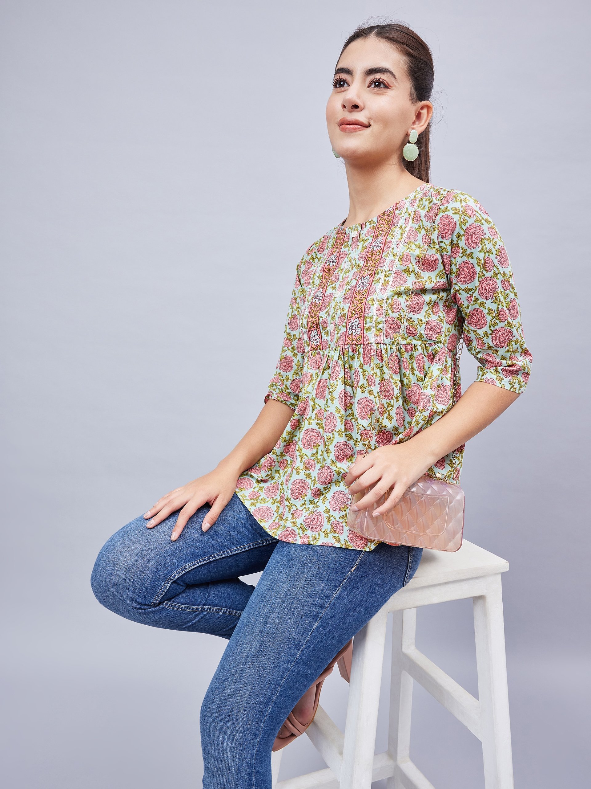 Green Floral Tunic with 3/4 Sleeves