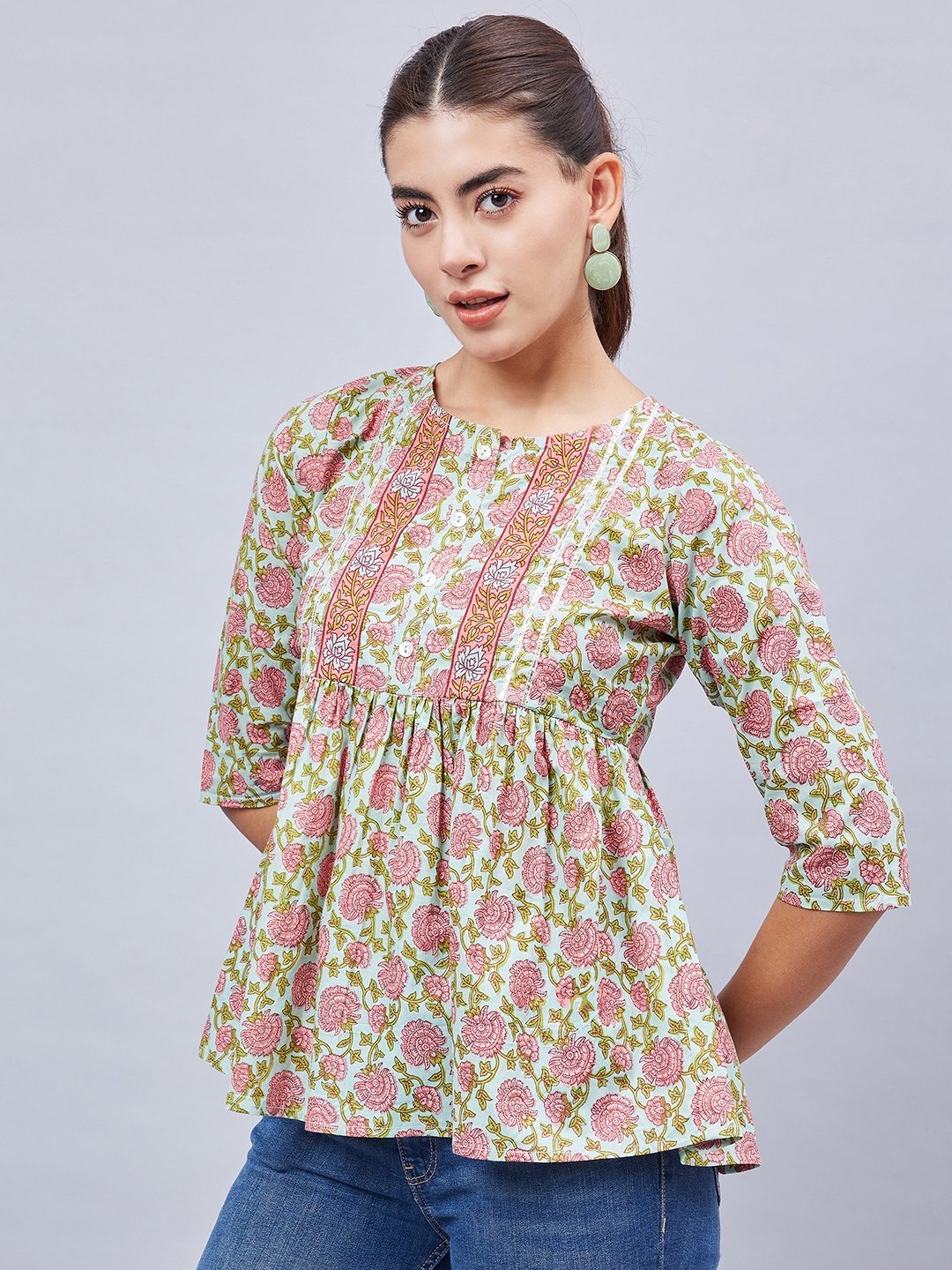 Green Floral Tunic with 3/4 Sleeves