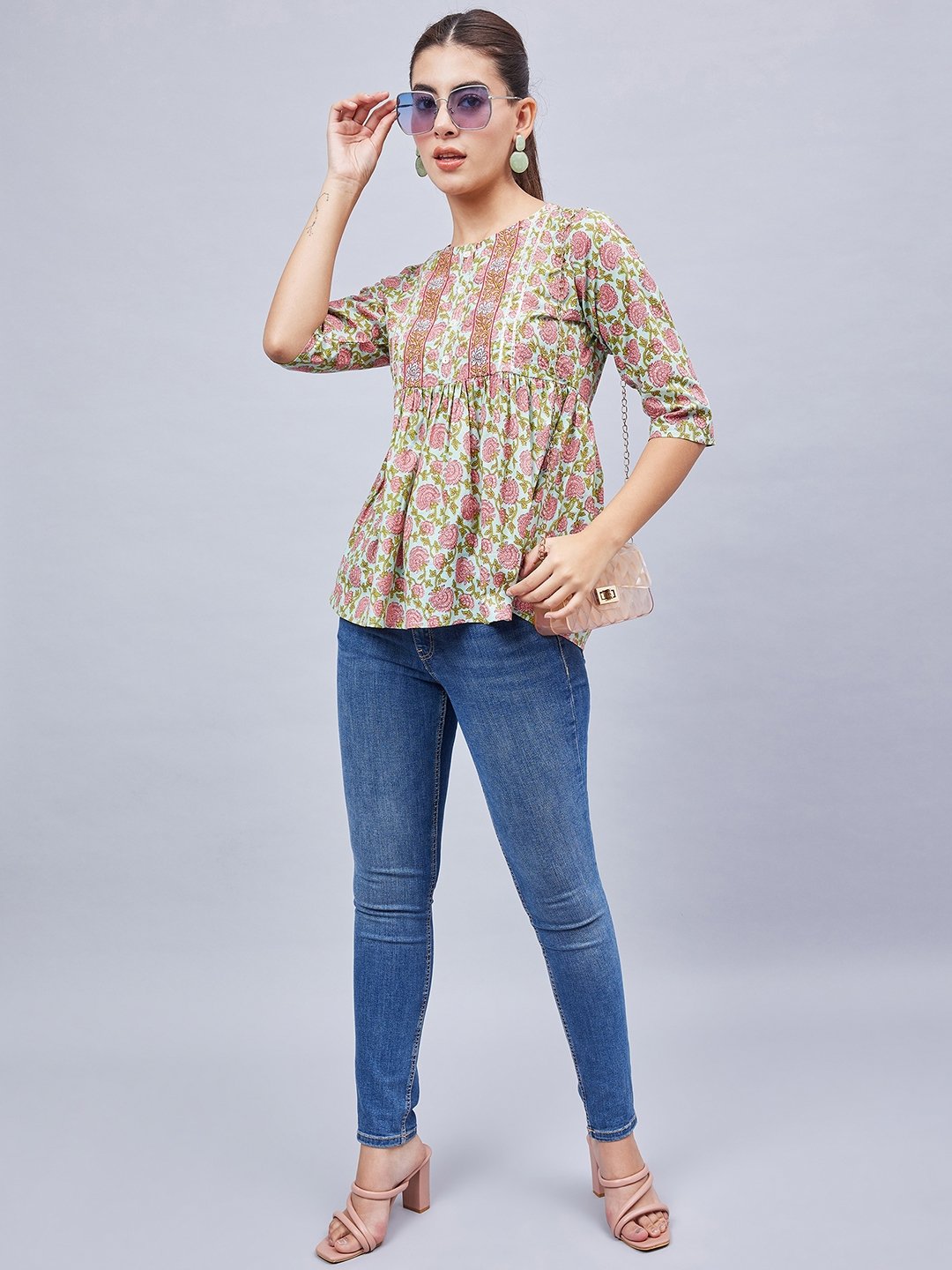 Green Floral Tunic with 3/4 Sleeves