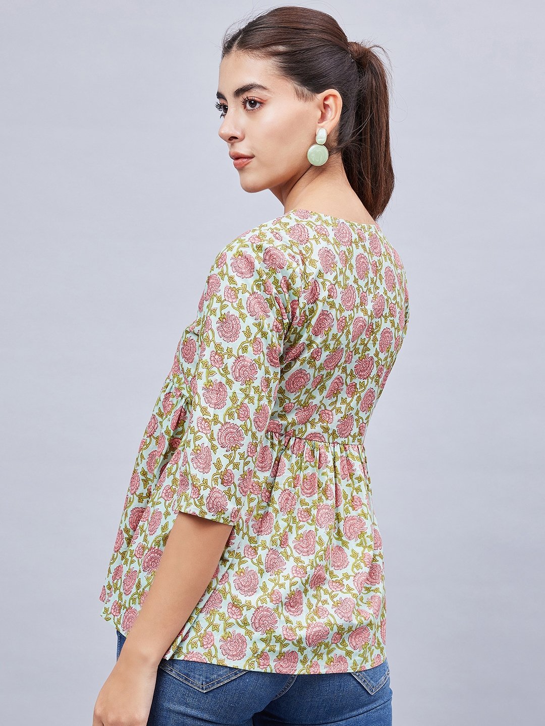 Green Floral Tunic with 3/4 Sleeves