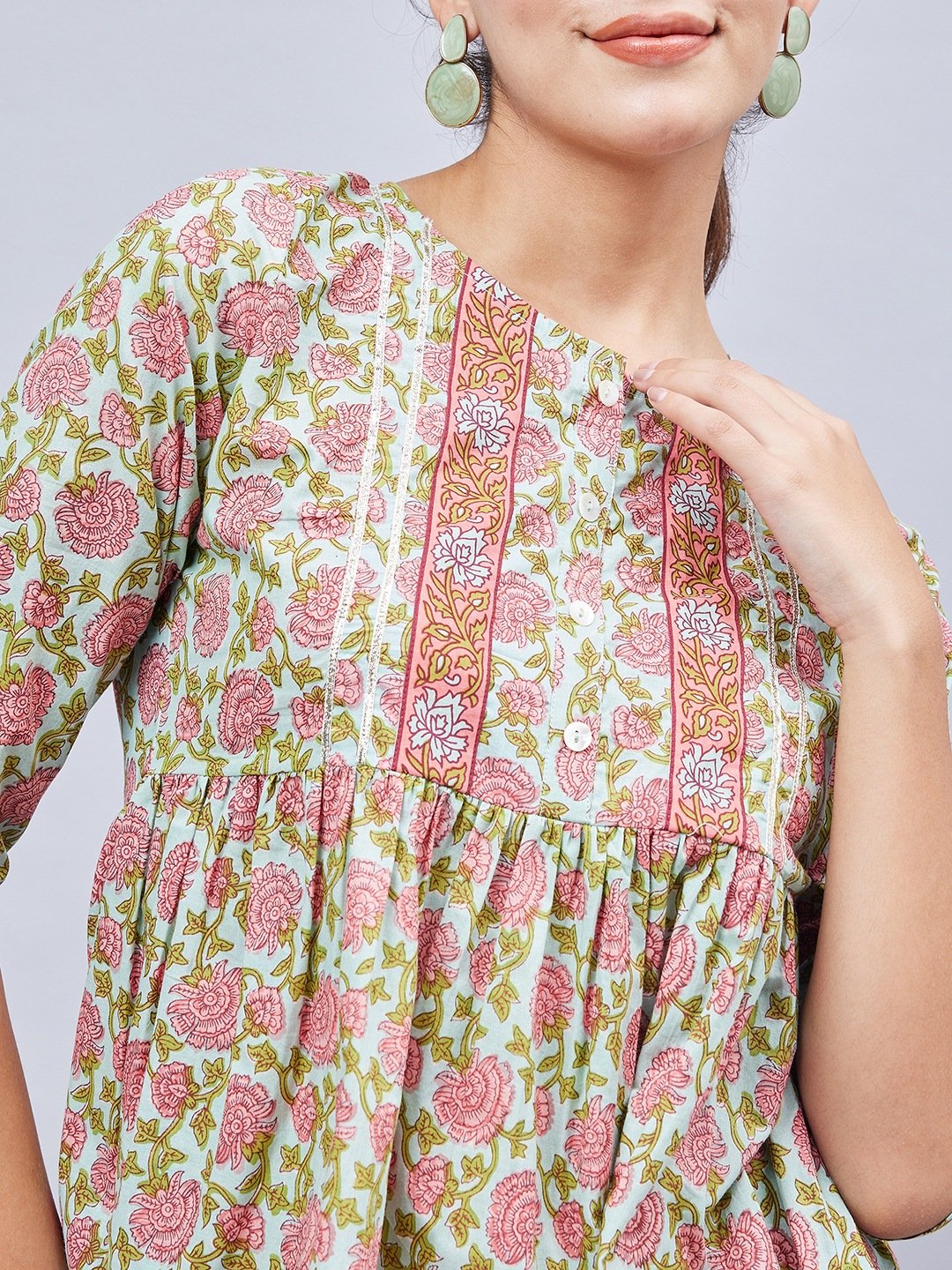 Green Floral Tunic with 3/4 Sleeves
