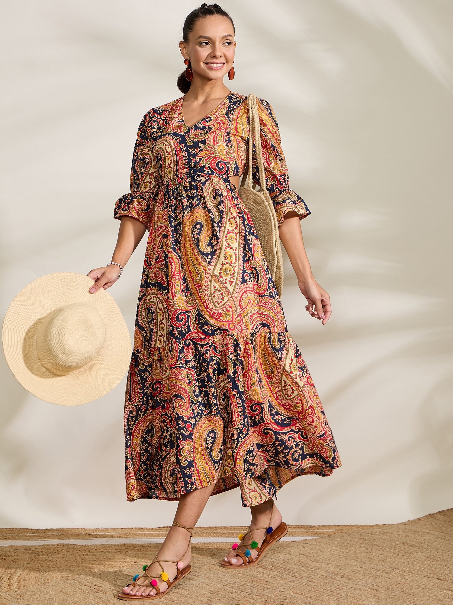 Brown Paisley Print Cotton Midi Dress