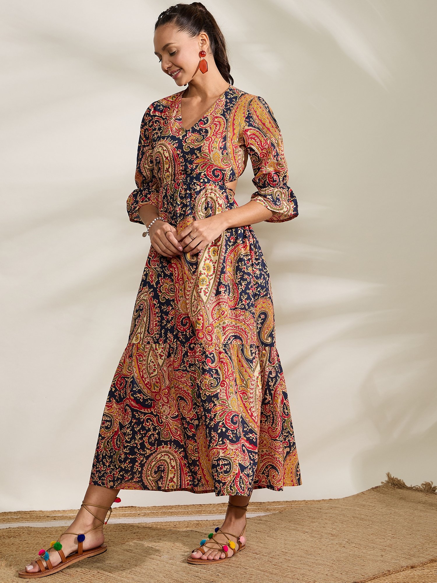 Brown Paisley Print Cotton Midi Dress