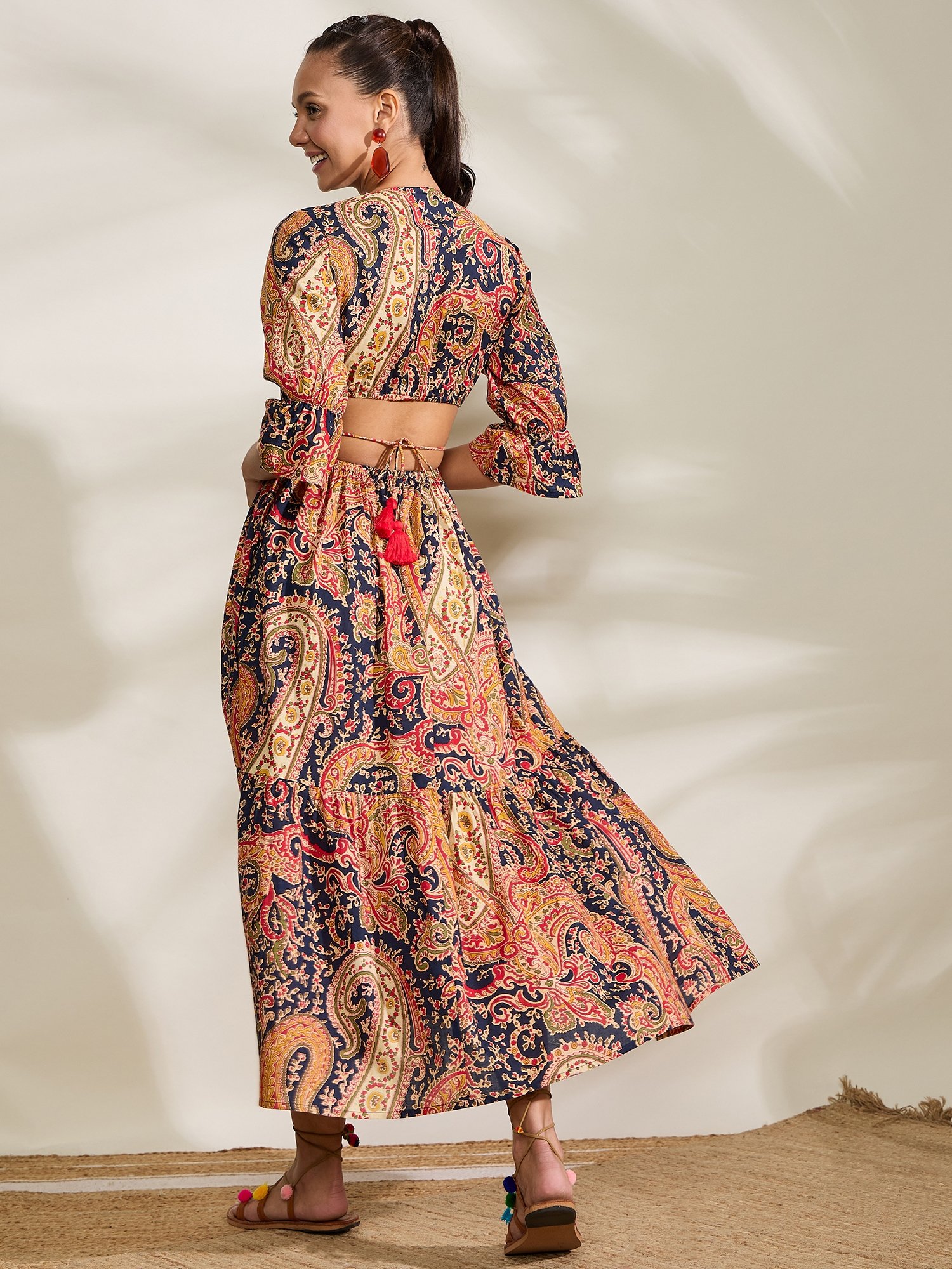 Brown Paisley Print Cotton Midi Dress