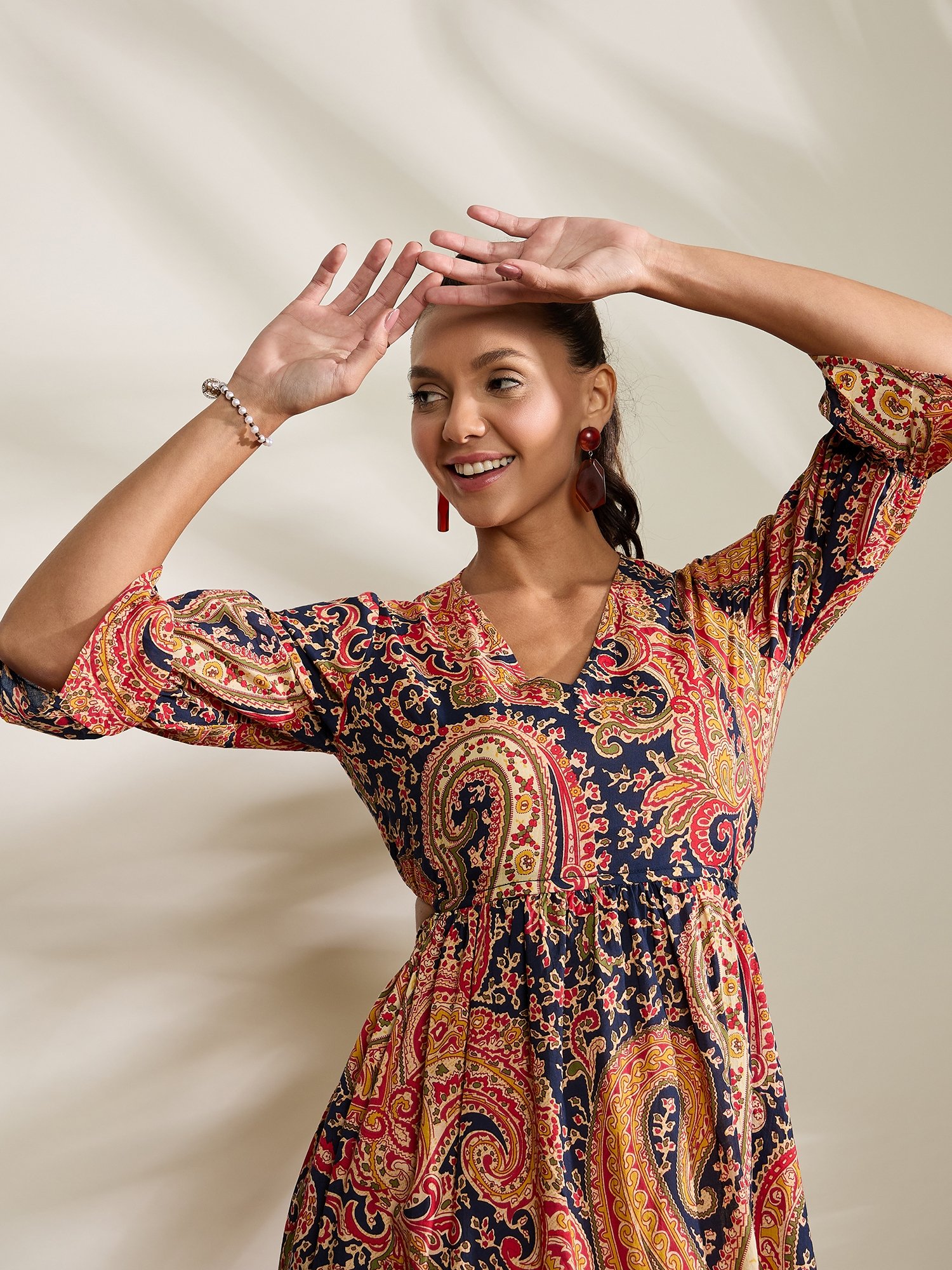 Brown Paisley Print Cotton Midi Dress