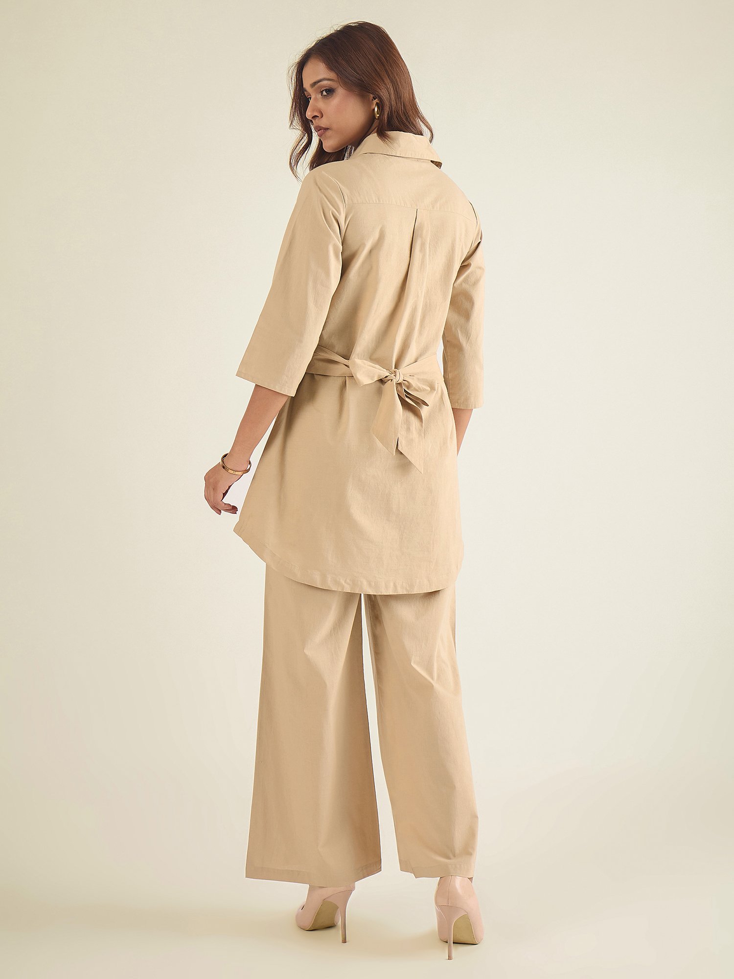 Beige Cotton Embroidered Longline Shirt and Pants Co-ord Set