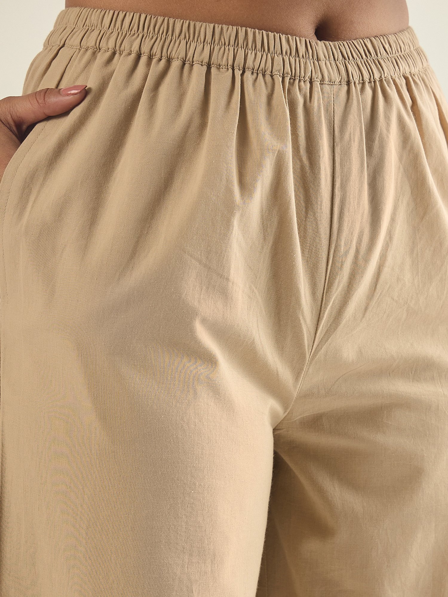 Beige Cotton Embroidered Longline Shirt and Pants Co-ord Set