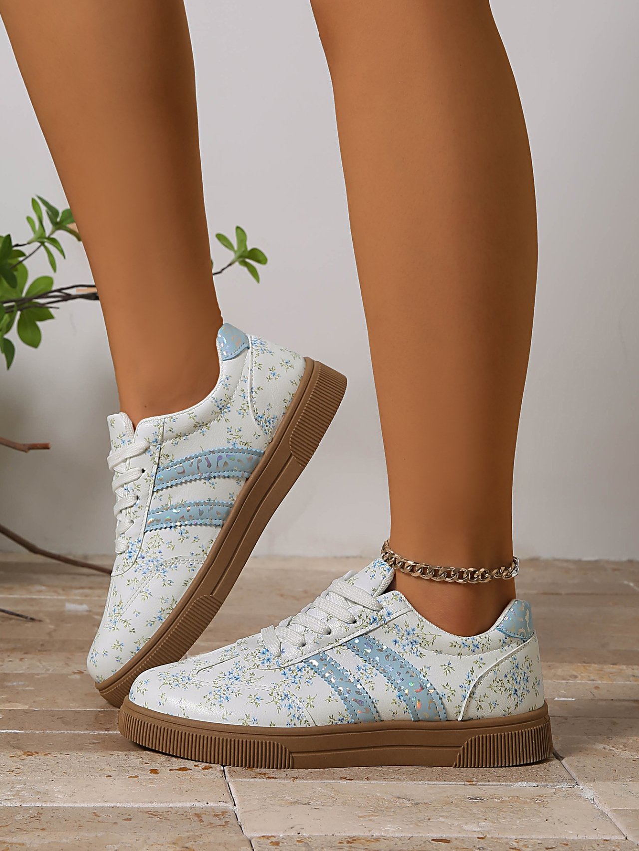 Women Floral Teal Striped Lace-Up Flat Sneakers