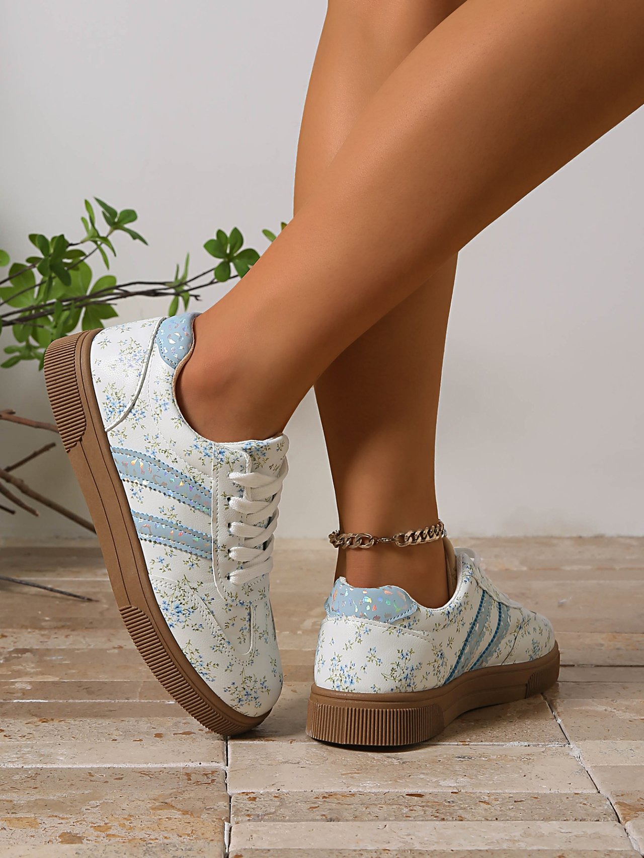 Women Floral Teal Striped Lace-Up Flat Sneakers