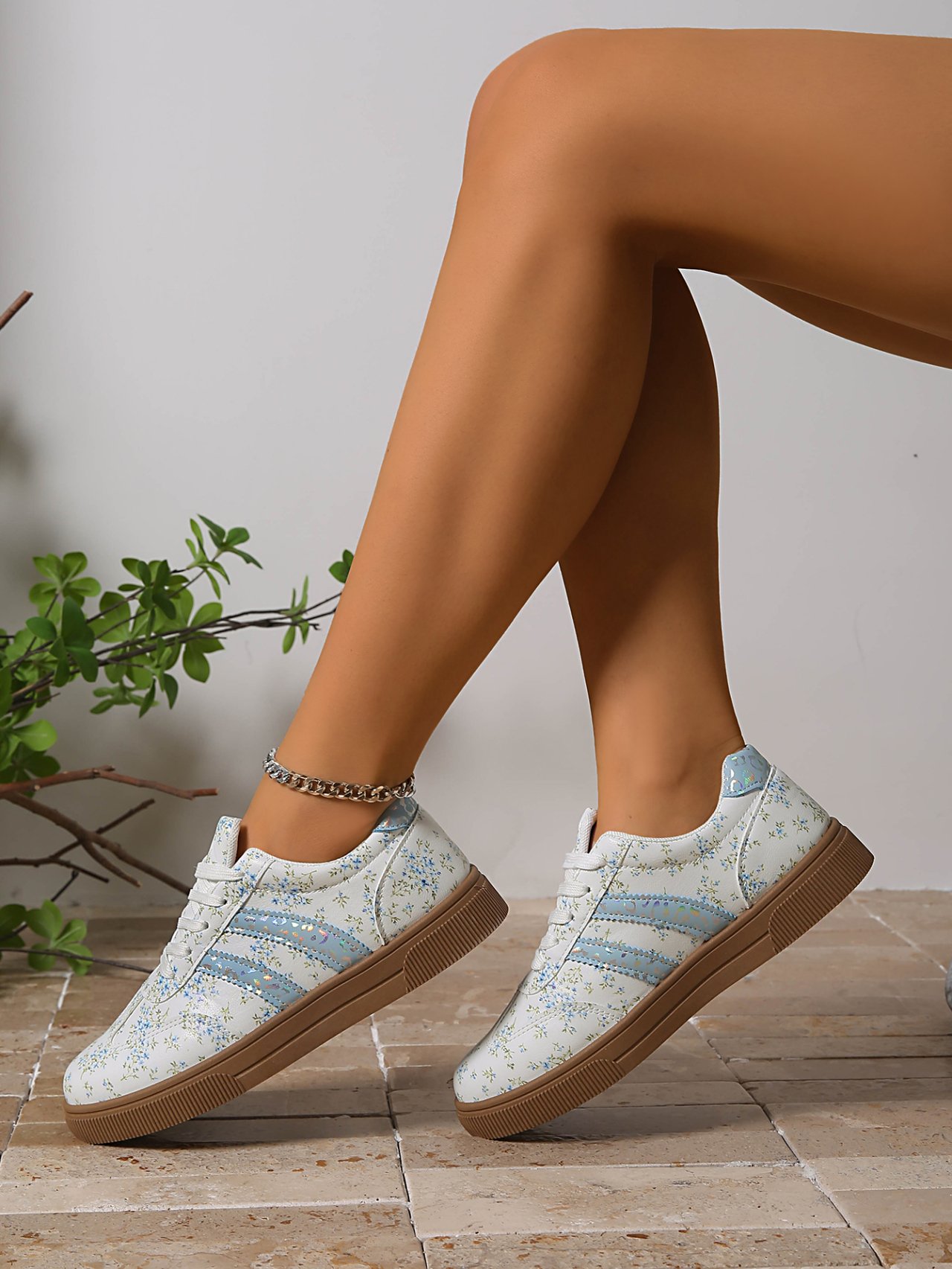 Women Floral Teal Striped Lace-Up Flat Sneakers