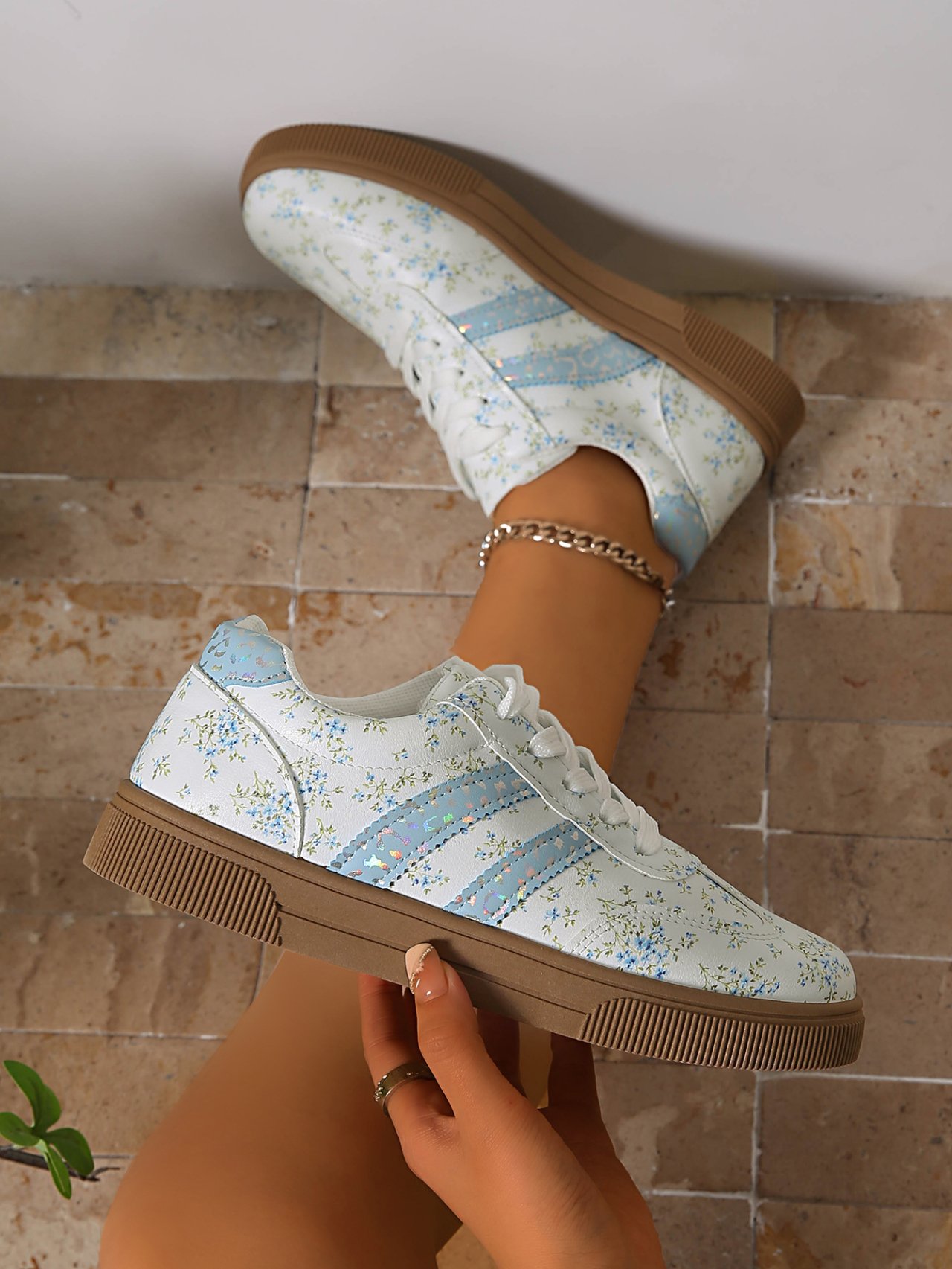 Women Floral Teal Striped Lace-Up Flat Sneakers