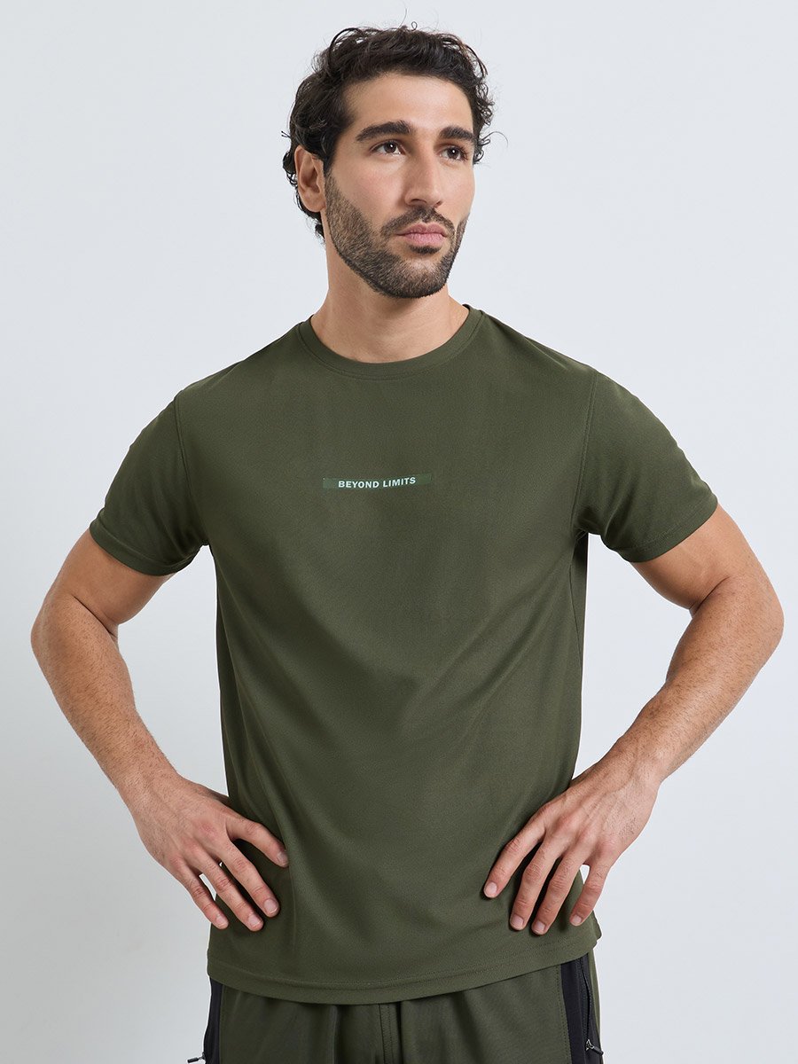 Men Olive Regular Fit Chest Printed Active T-Shirt