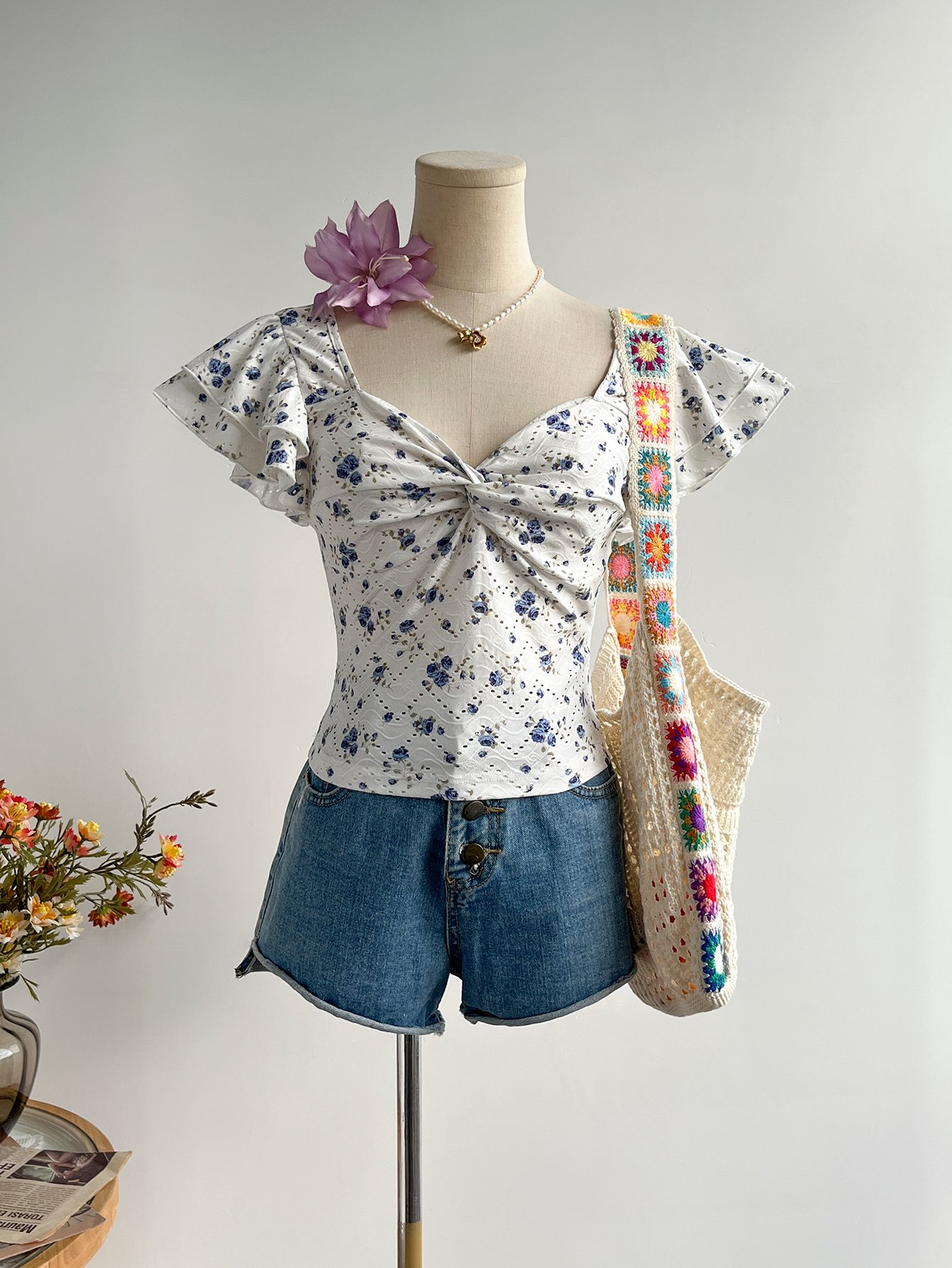 White Floral Short Sleeve Top