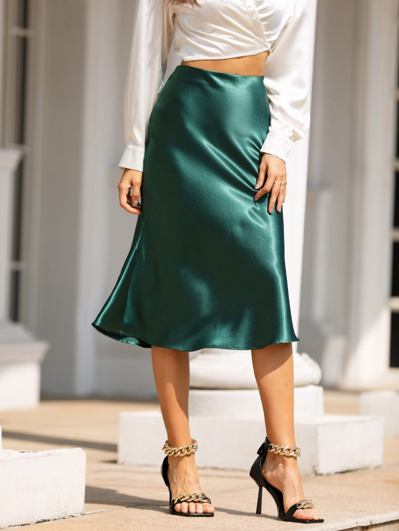 Emerald Green Satin A-Line Midi Skirt
