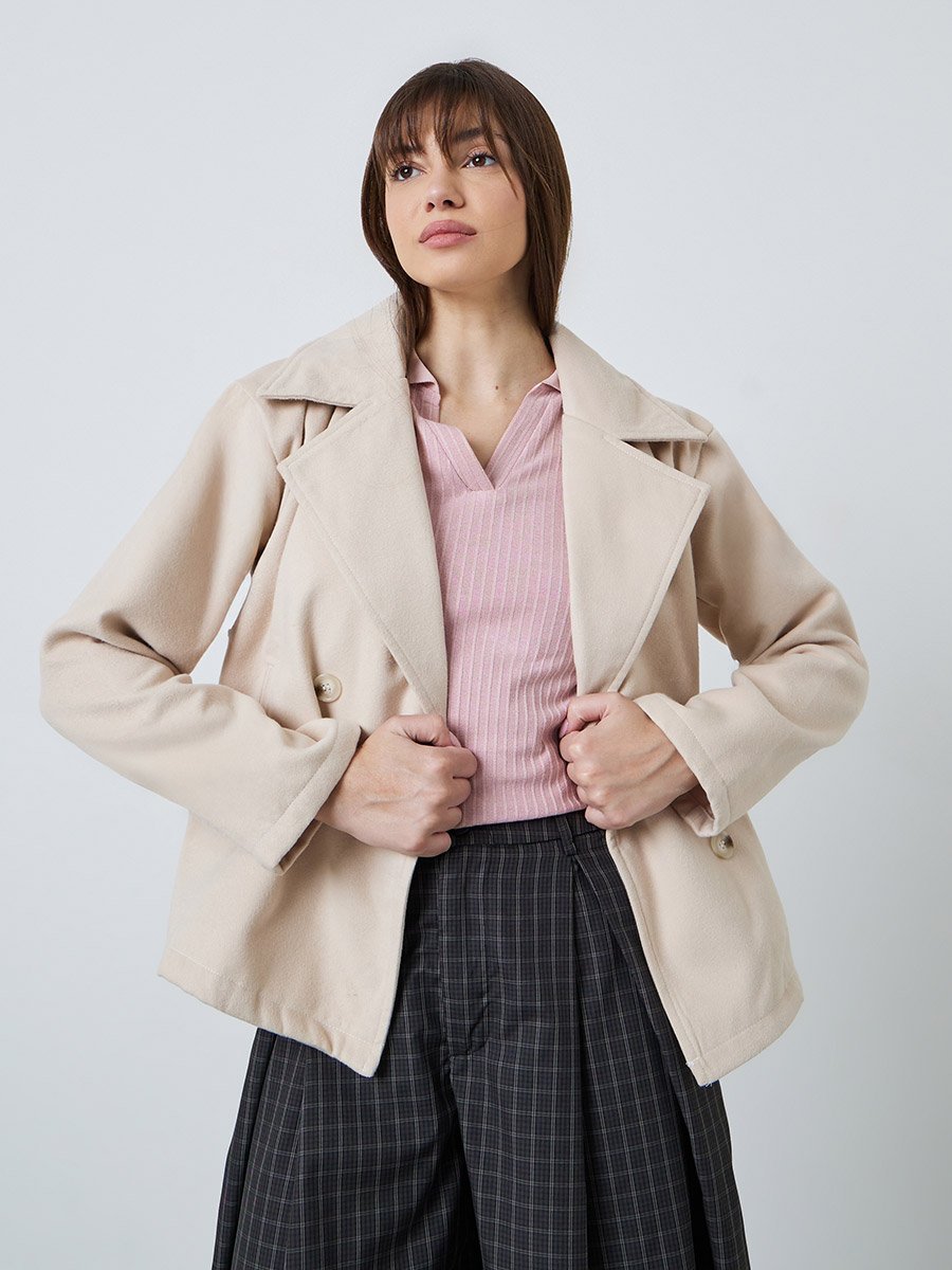 Beige Regular Fit Tailored Wool-Like Jacket