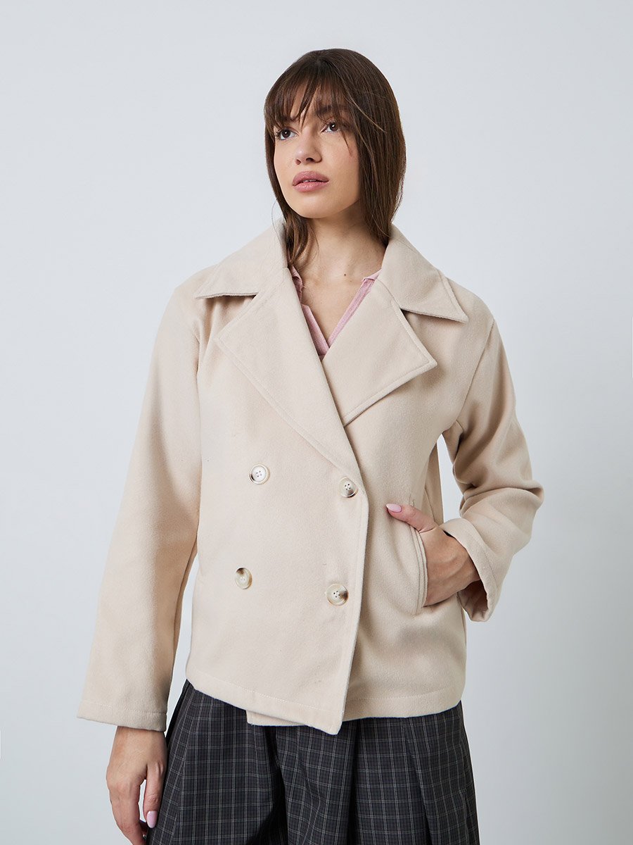 Beige Regular Fit Tailored Wool-Like Jacket
