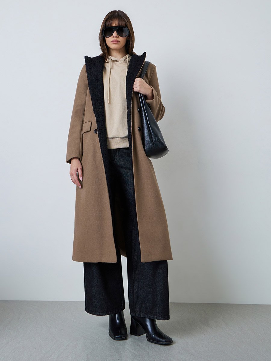 Brown Regular Fit Double Breasted Wool-Like Coat