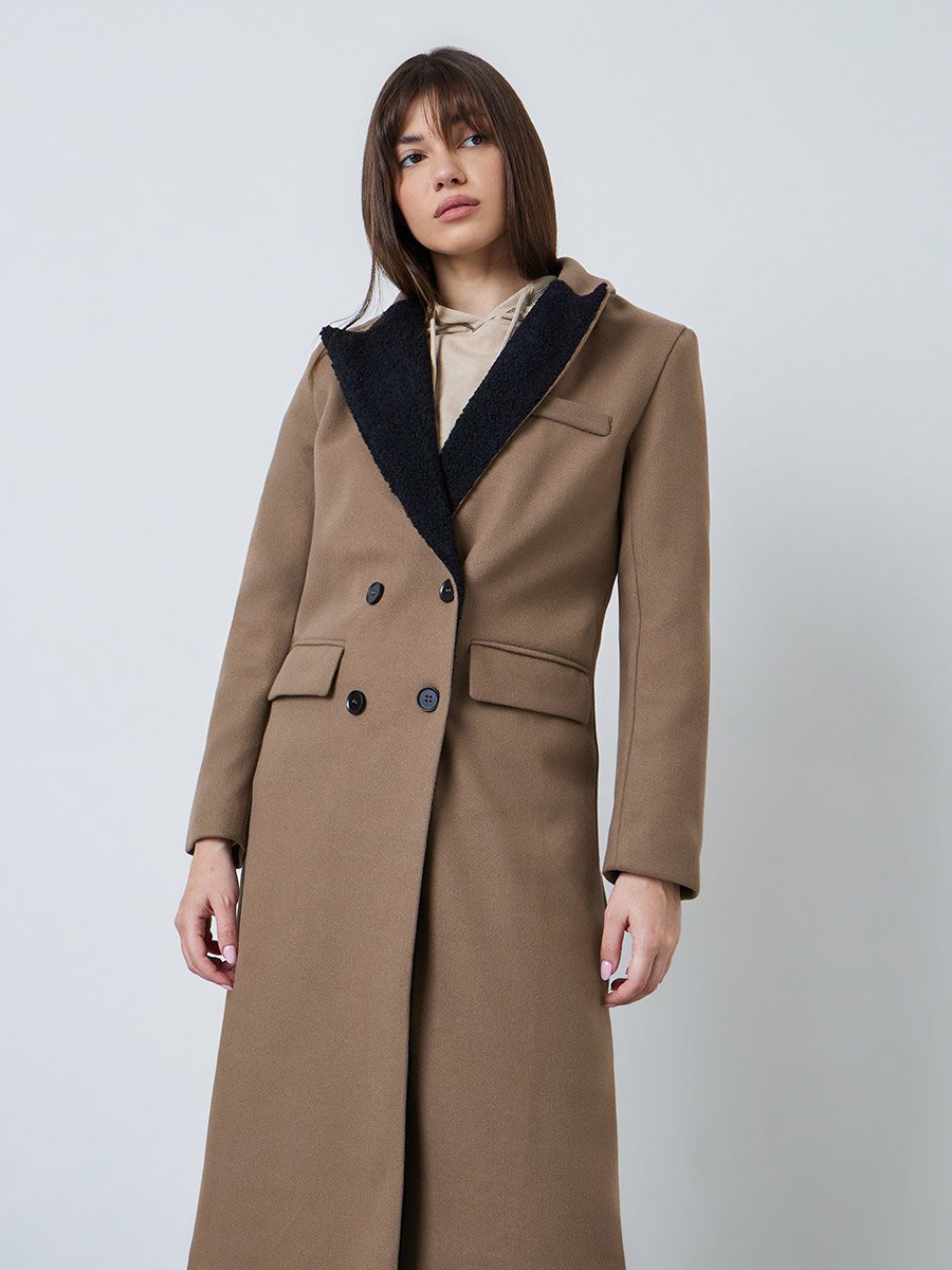 Brown Regular Fit Double Breasted Wool-Like Coat