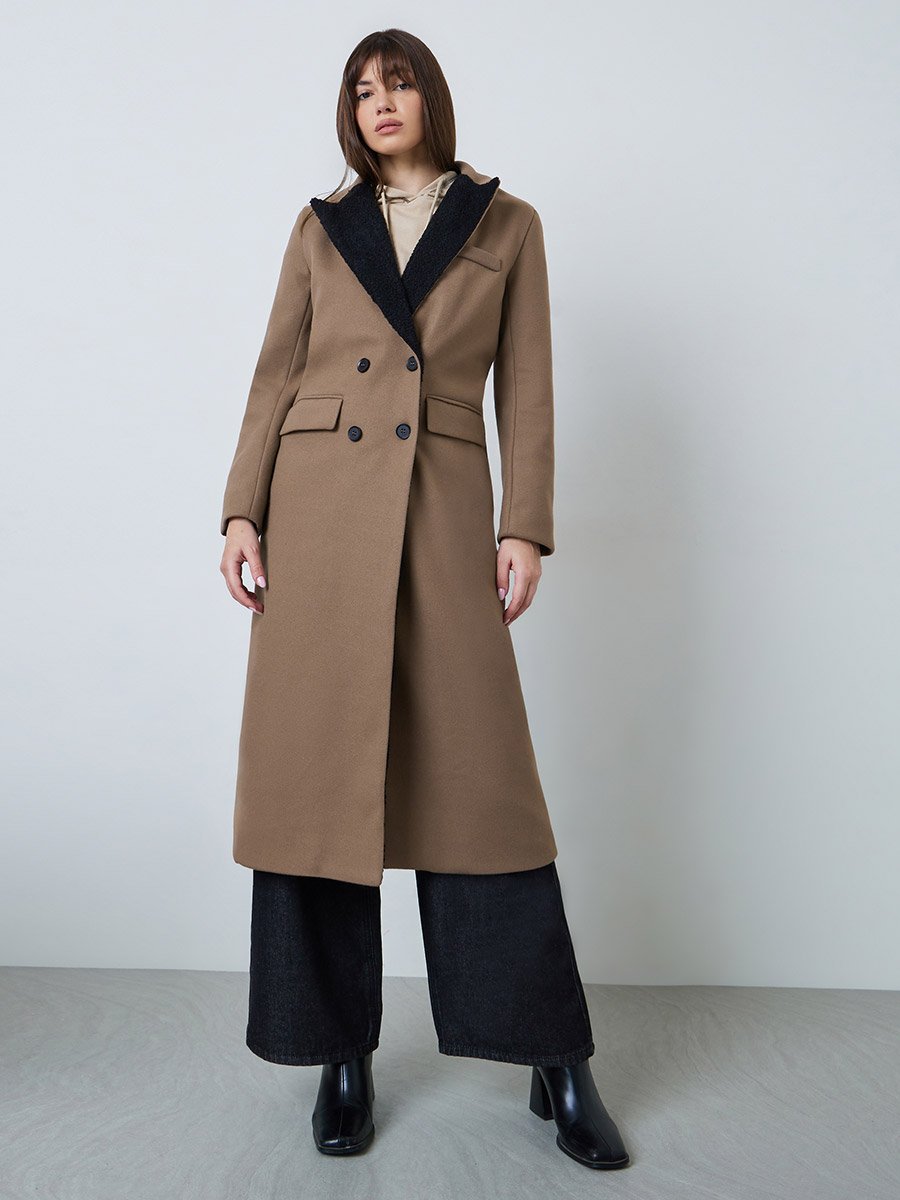 Brown Regular Fit Double Breasted Wool-Like Coat