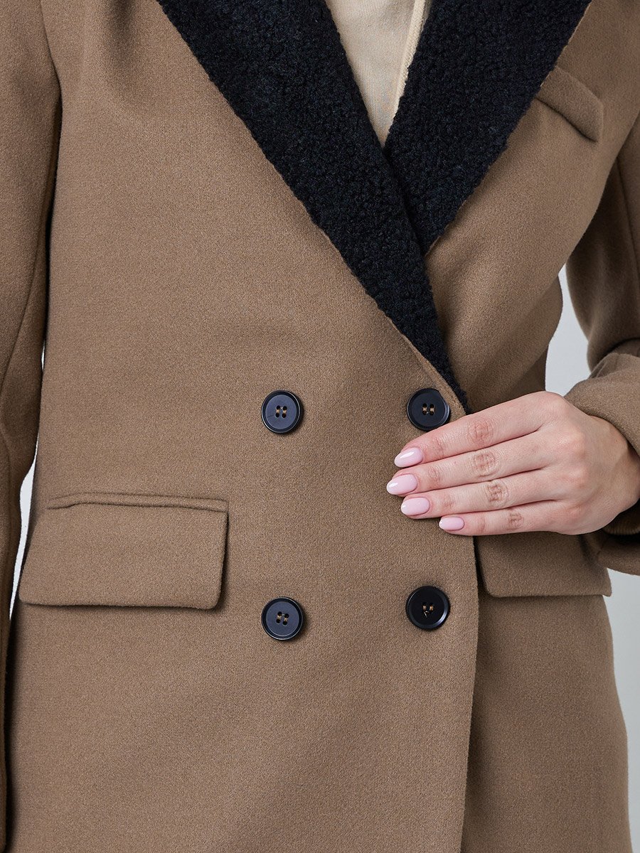 Brown Regular Fit Double Breasted Wool-Like Coat