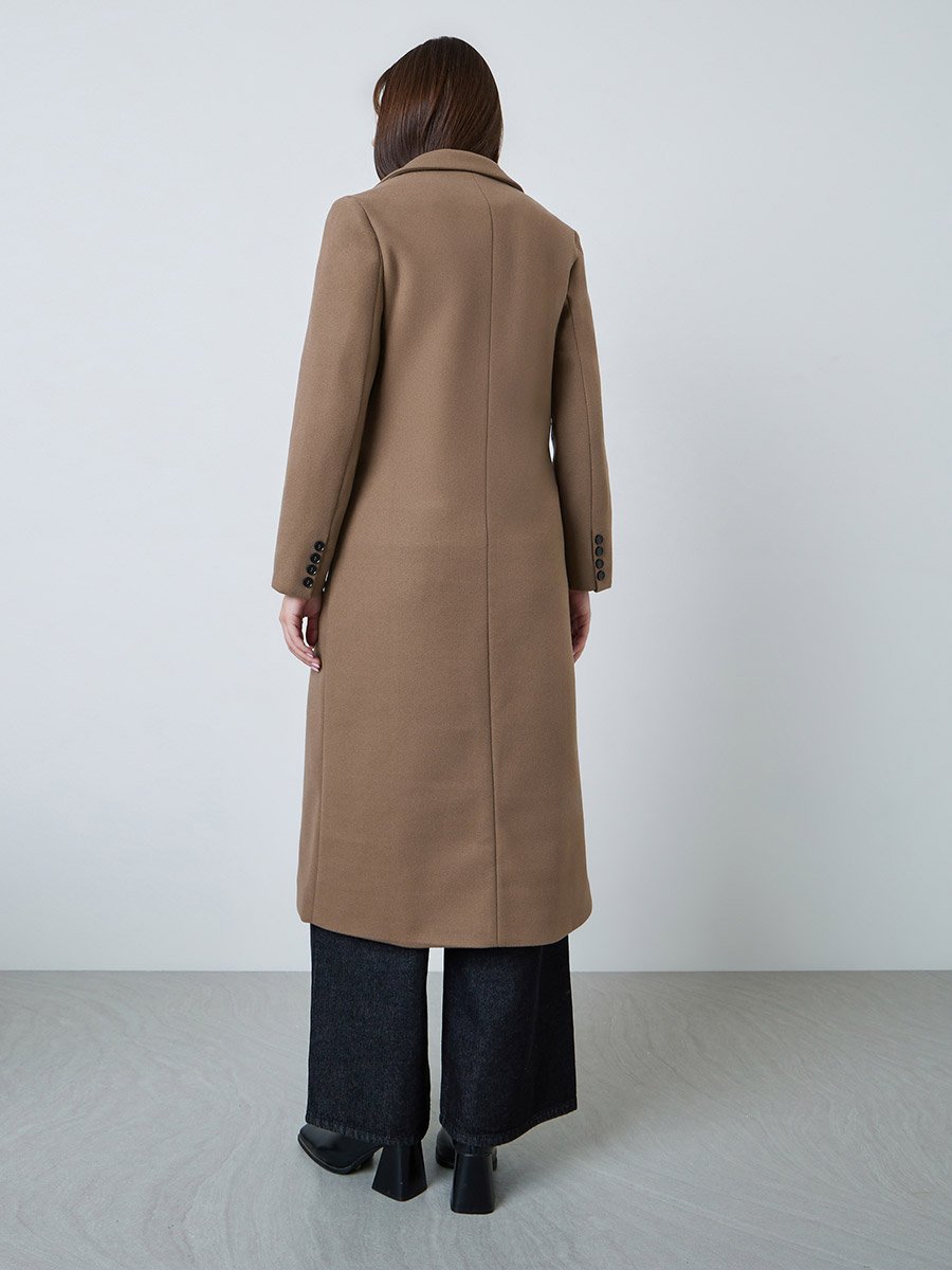 Brown Regular Fit Double Breasted Wool-Like Coat