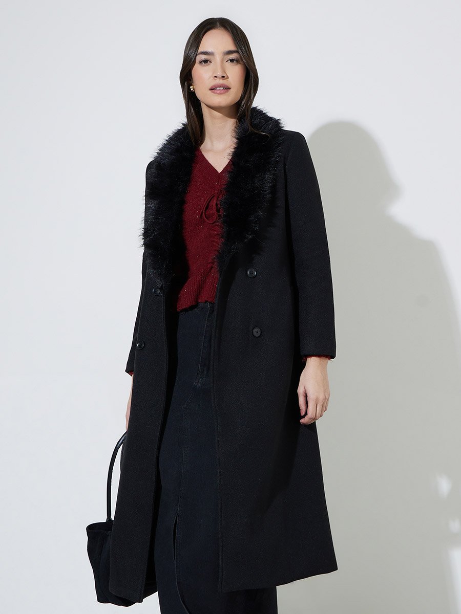 Black Regular Fit Wool-Like Coat with Faux Fur Collar