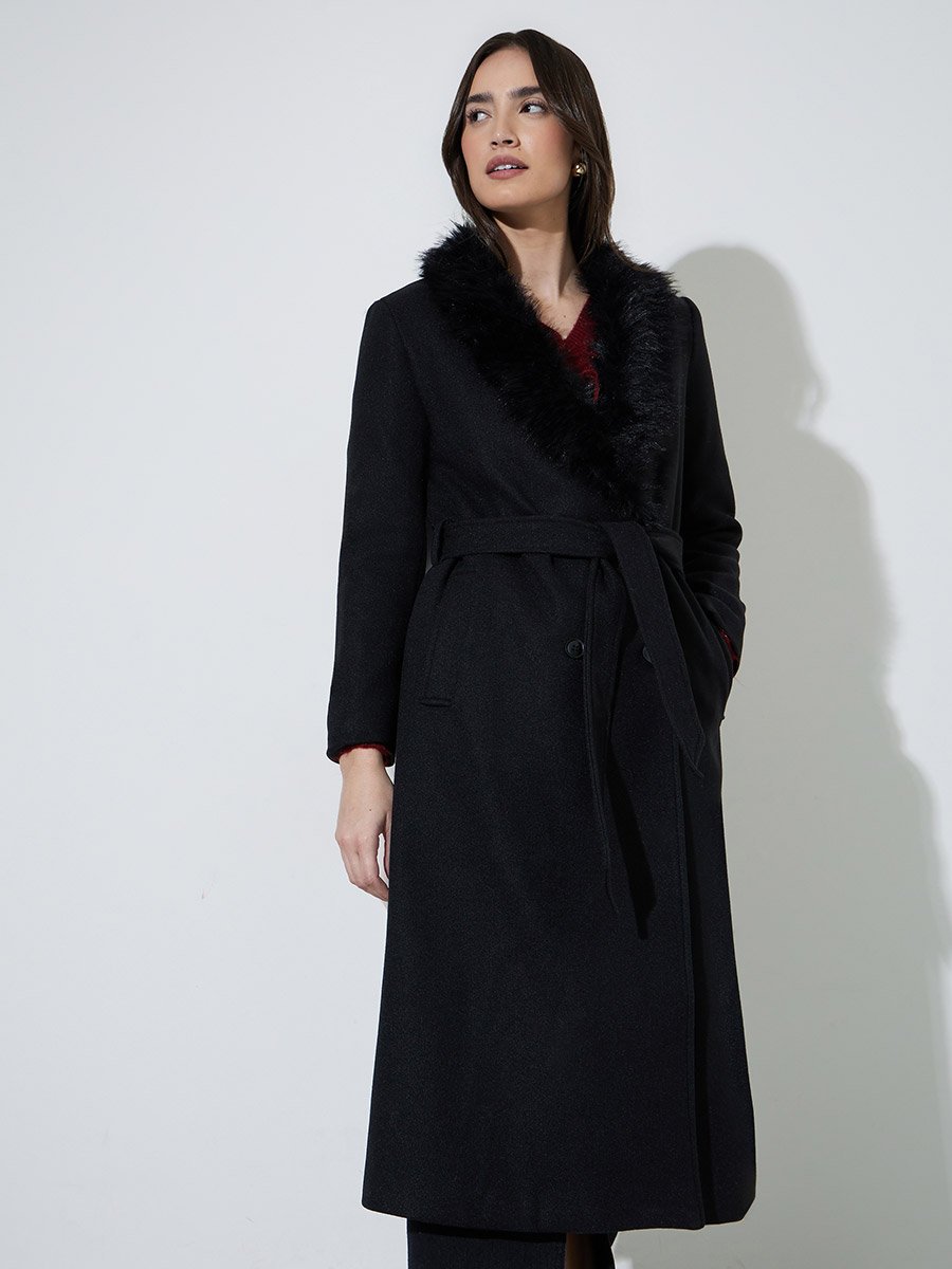 Black Regular Fit Wool-Like Coat with Faux Fur Collar