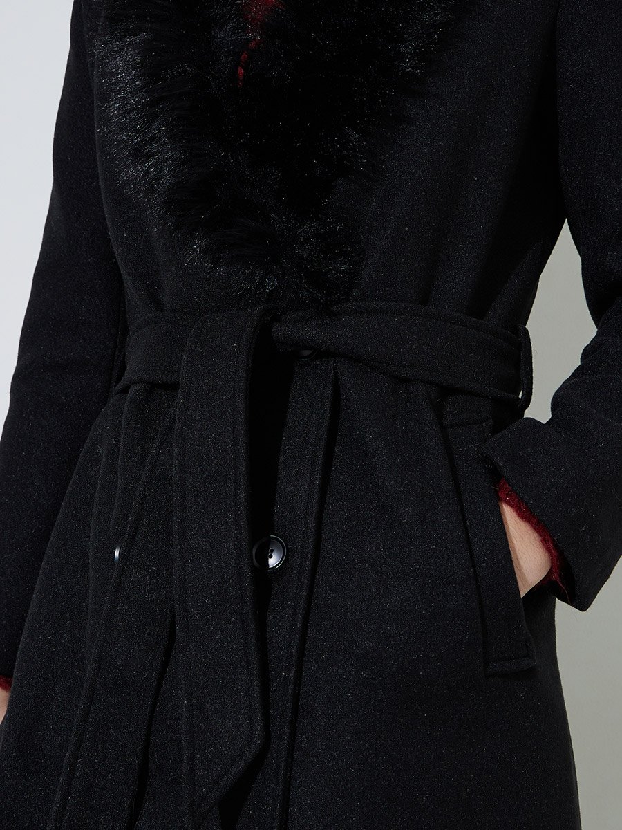 Black Regular Fit Wool-Like Coat with Faux Fur Collar