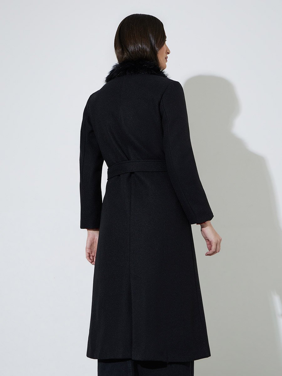 Black Regular Fit Wool-Like Coat with Faux Fur Collar