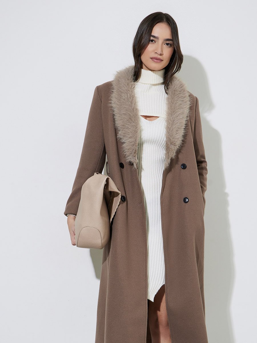 Brown Regular Fit Wool-Like Coat with Faux Fur Collar