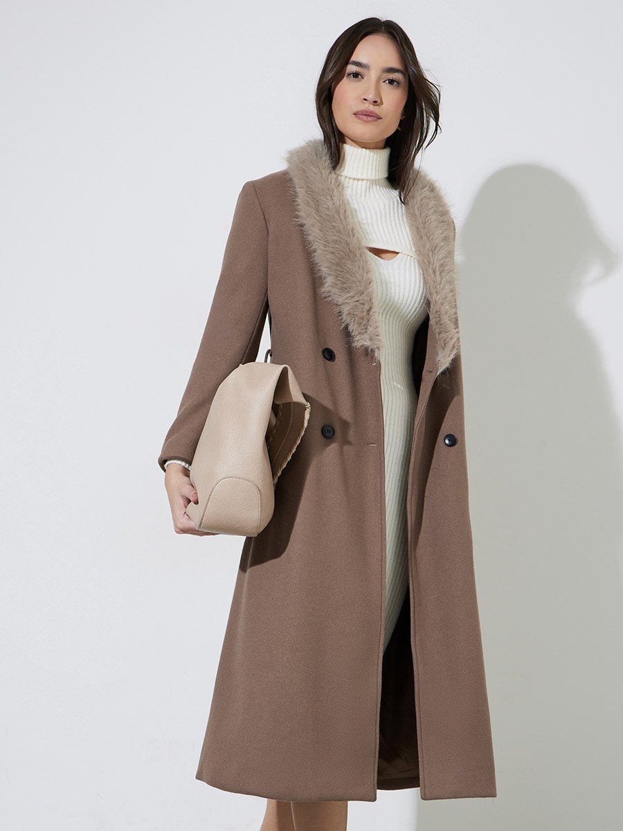 Brown Regular Fit Wool-Like Coat with Faux Fur Collar