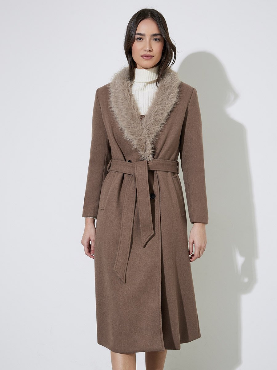Brown Regular Fit Wool-Like Coat with Faux Fur Collar