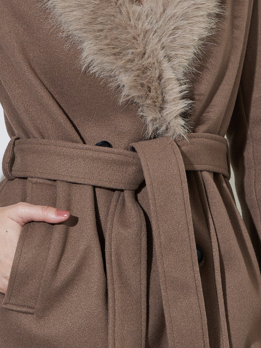 Brown Regular Fit Wool-Like Coat with Faux Fur Collar