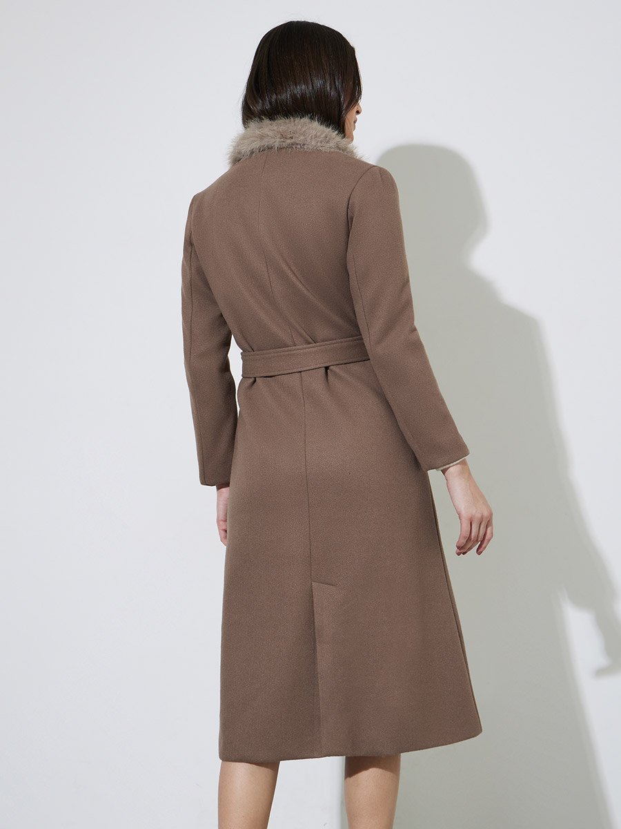 Brown Regular Fit Wool-Like Coat with Faux Fur Collar