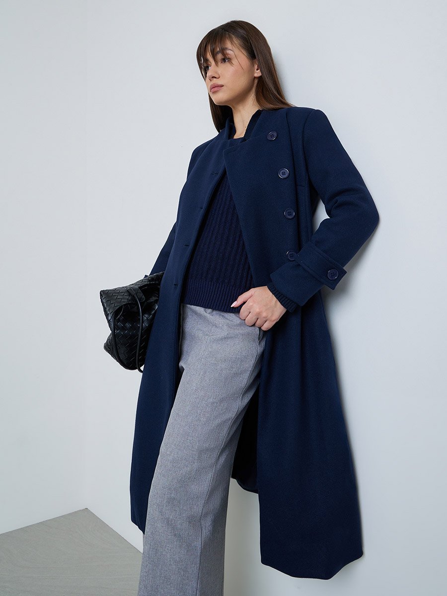 Navy Blue Slim Fit Wool Like Coat
